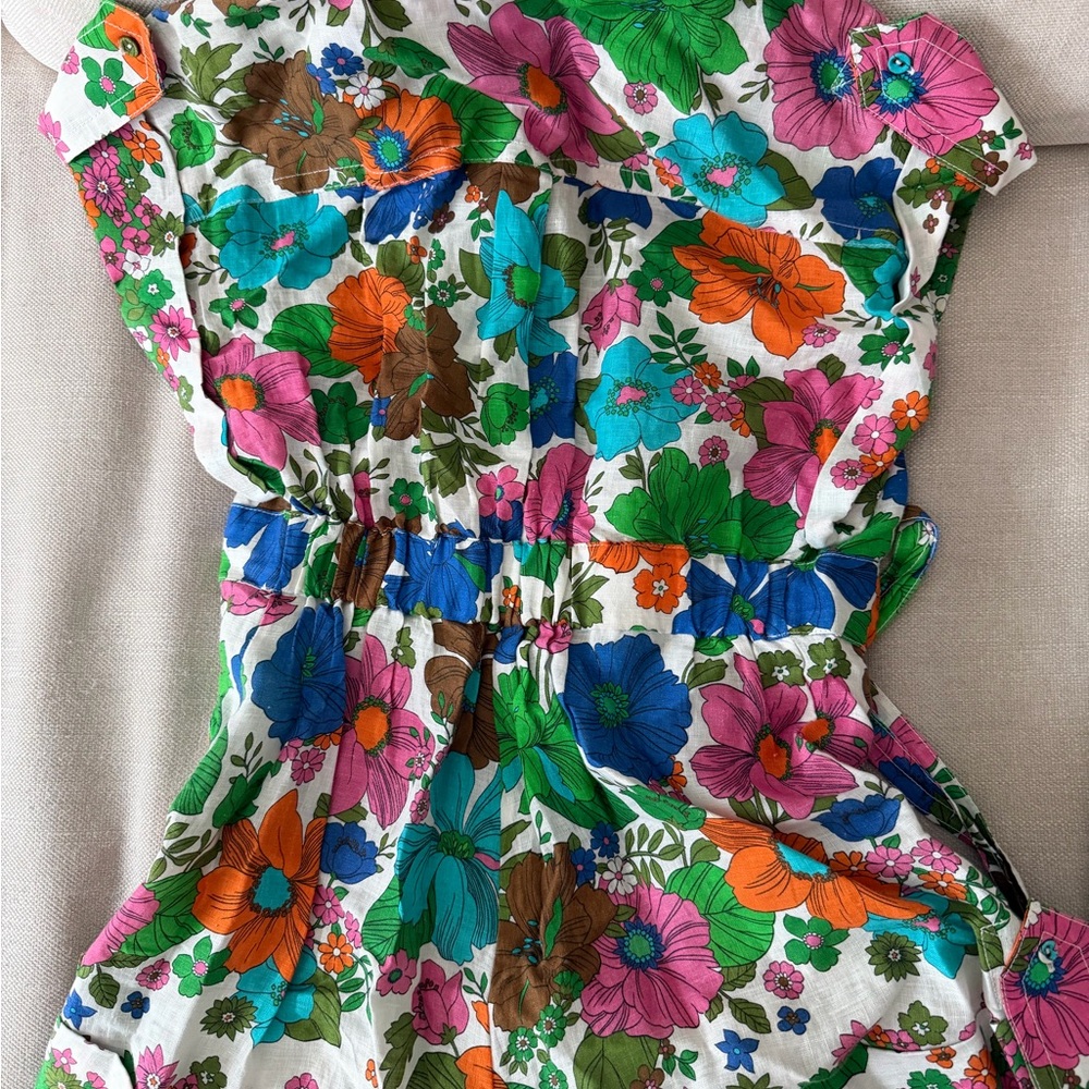 Zimmermann Floral Multicolor Linen Button-Up play suit romper with sash - Picture 4 of 7